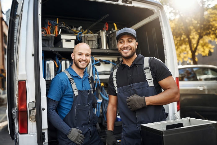 Two workers smiling in front of work van