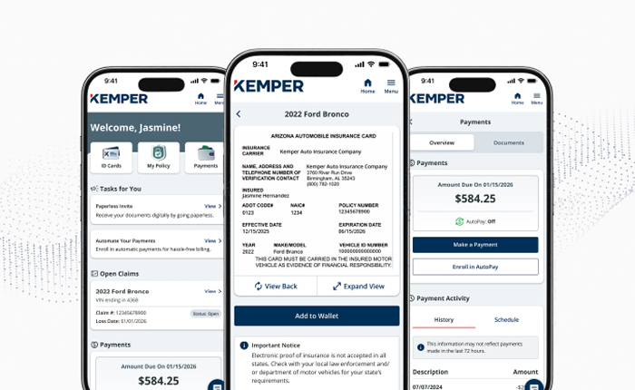 Three smartphones display the Kemper insurance app interface