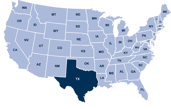 Map of the United States with Texas highlighted