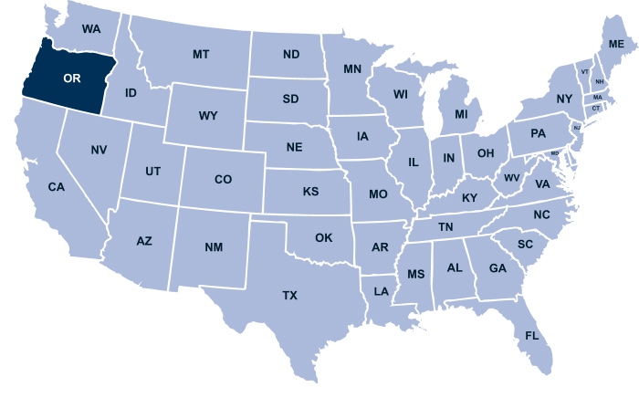 Map of the United States with Oregon highlighted